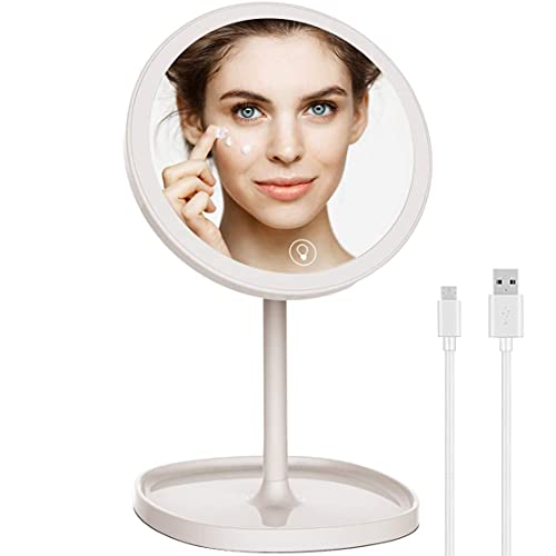 LED Lighted Makeup Mirror, Circle, 7"L x 7"W 12.48"H, White, Rechargeable, Cordless, Standing/Leaning, Compact