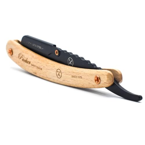 Parker SRP Pine Wood Handle Straight Edge Barber Razor ? Stainless Steel Clip?Type Straight Razor, 5 Premium Half DE Blades Included