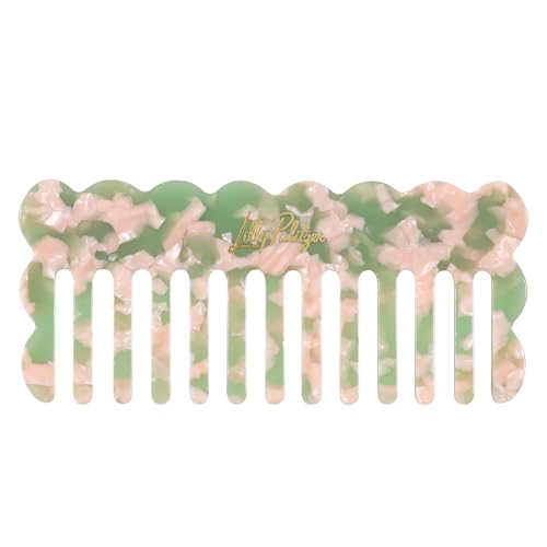 Lilly Pulitzer WIde Tooth Comb with Pouch for Travel, Pocket Comb for Wet Hair, Pink Muse/Jade Lime Marble