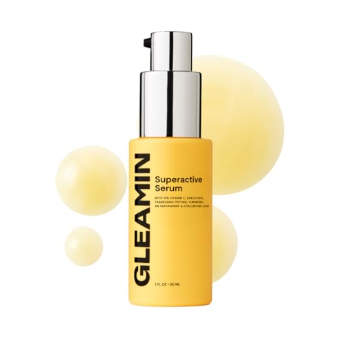 Gleamin Superactive Vitamin C Serum for Face - 15% Vitamin C with Niacinamide, Bakuchiol & Hyaluronic Acid - Brightening Facial Treatment for Uneven Tone, Dark Spots & Radiant Glow - 1 fl oz