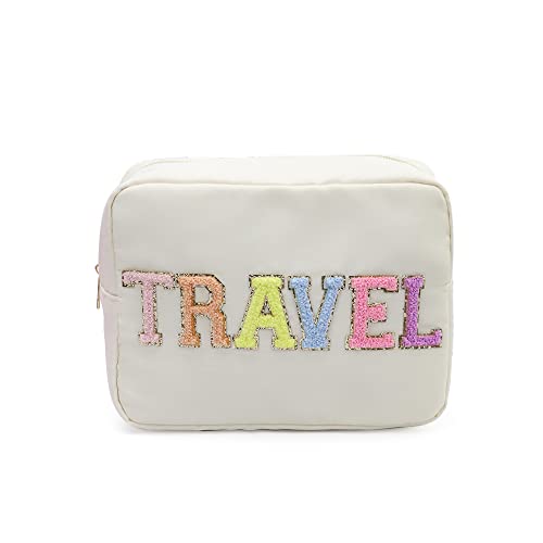 Extral Large Cosmetic Bag Makeup Pouch Bag Case Nylon With Chenille Letter Patches (Beige#TRAVEL, XL)