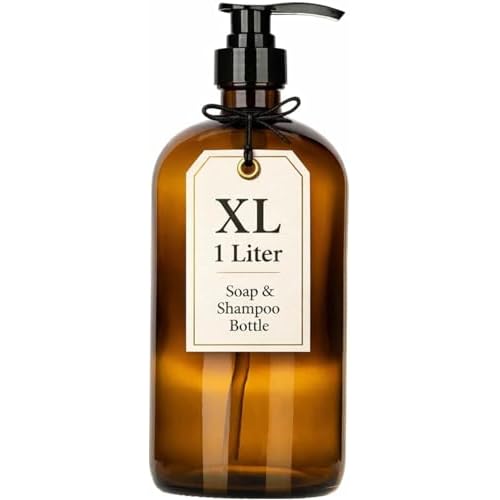 32 Ounce Glass Pump Dispenser Bottle, Large Amber Container with Pump for Shower and Bath Shampoo Soap Conditioner Lotion - 1 Liter Shower Bottles- by Kitchentoolz