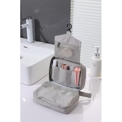 FabDay Travel Toiletry Bag with Hanging Hook Water-Resistant Cosmetic Case Makeup Bag Portable, Travel-Sized Container for Men, Silver Gray
