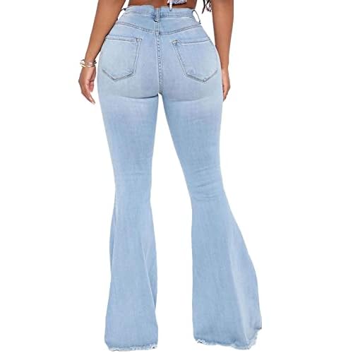 Women's Fashion Bell Bottom Pants High Waist Tassel Stretch Curvy Fit Jeans Blue