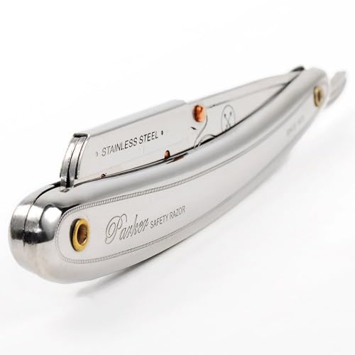 Parker SR1 Stainless Steel Straight Edge Barber Razor ? Professional Shavette for Barbers & Home Use with 5 Premium Platinum Half Blades ? Replaceable Blade Straight Razor for Close, Smooth Shaves