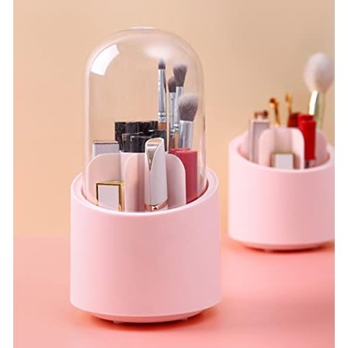 Makeup Brushes Holder Organizer with Clear Lid,360 Degree Rotating Makeup Brush Storage Container Dustfree Cosmetic Display Case Holder for Bathroom Countertop Vanity Desktop (Pink)