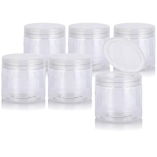 (6 pack) 16 oz Clear PET Plastic Refillable Jar with Natural Flip Top