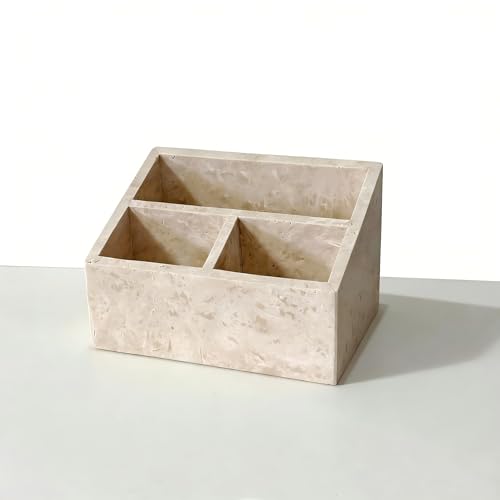 Marble Desk Organizer with 3 Compartments Perfume Organizer & Makeup Brush Holder Toothbrush Holder and Bathroom Counter Organizer White Purple Pattern Modern Design (Beige)