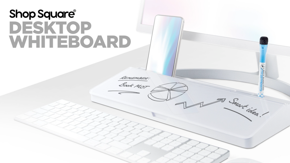 Glass Desktop Whiteboard with Storage, Phone & Tablet Slot - Grey