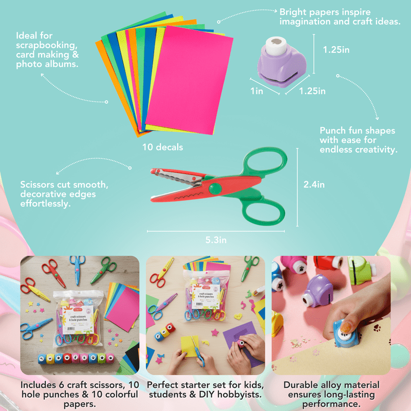 Decorative Edge Craft Scissors 6 Pack with 10 Paper Punches & Craft Papers