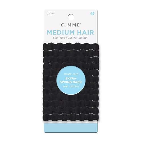 GIMME Women's Beauty Spring Back Hair Bands - No-Snag Elastic Bands for Medium - Gentle Ponytail Holders - Style Essential - Stretchy Hair Tie Pack - Black, 12 Pack