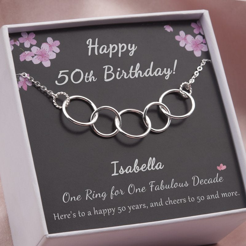Sterling Silver 50th Birthday Necklace for Women - Custom Name & 5 Circles Design