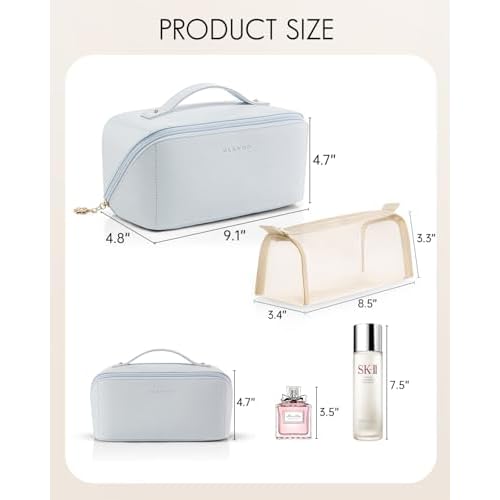 Vlando Makeup Bag,Large Capacity Toiletry Bag for Women Waterproof Portable Make up Pouch PU Leather Open Flat Cosmetic Bag(Baby Blue)
