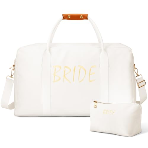 2 Pcs Bride Travel Bag Bridal Shower Gifts for Women Bridal Shower Weekender Bags Shoulder Duffle Bag for Wedding Engagement Honeymoon(White,9.06 x 3.94 x 3.94 Inches,Cotton Canvas)