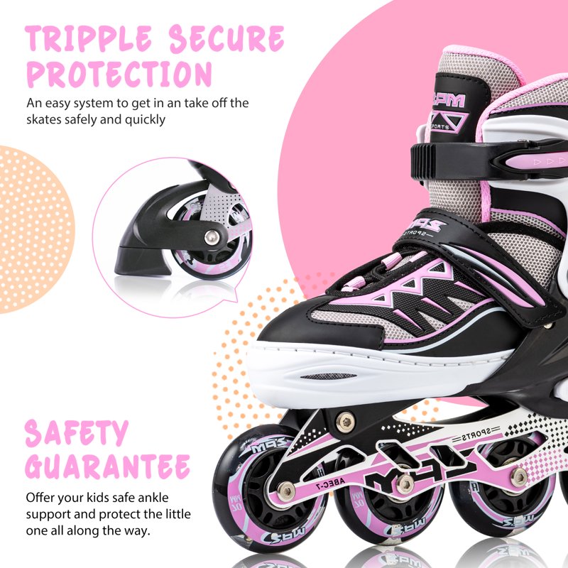 Pink Adjustable Inline Skates for Girls with Light-Up Wheels, Beginner Kids Roller Skates