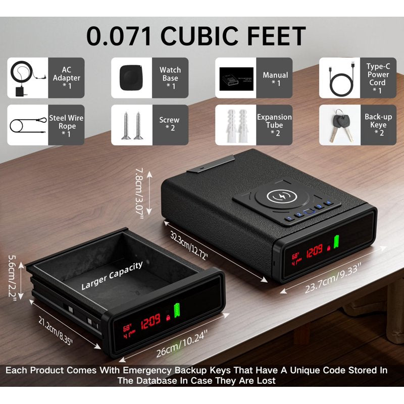 Biometric Smart Safe with Wireless Charging and Digital Clock - Compact Security Box