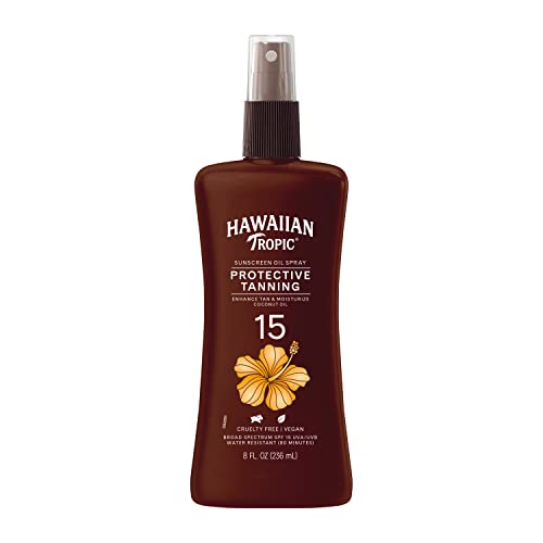 Hawaiian Tropic SPF 15 Coconut Oil Tanning Spray & SPF 30 Sheer Touch Ultra Radiance Sunscreen Lotion Bundle, 8oz Each