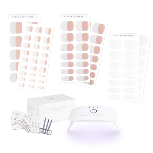 DANNI & TONI Gel Nail Kit Semi-Cured Gel Nail Strips Classic French Mani-Pedi Kit (3 Sets with UV Lamp Included)|Happy-Go-Lucky(Mani/Pedi)+Crystal Frost