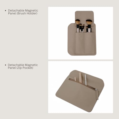 MELINE Leather Makeup Bag with Brush Holder,Travel Cosmetic Case for Women,Large Capacity Waterproof Toiletry Bag with Handle,Stylish and Durable Makeup Organizer (Taupe)