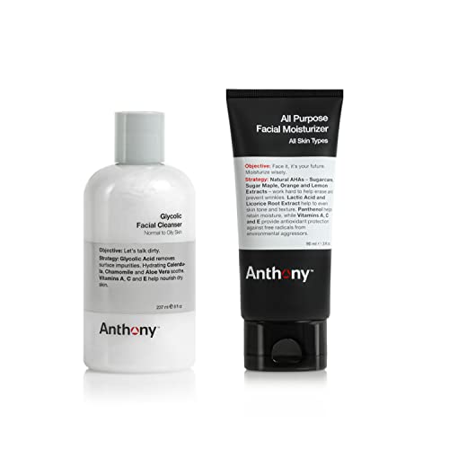 Anthony Essentials Duo Glycolic Facial Cleanser for Men and All-Purpose Facial Moisturizer - Men¡¯s Hydrating Lotion for Dry Skin
