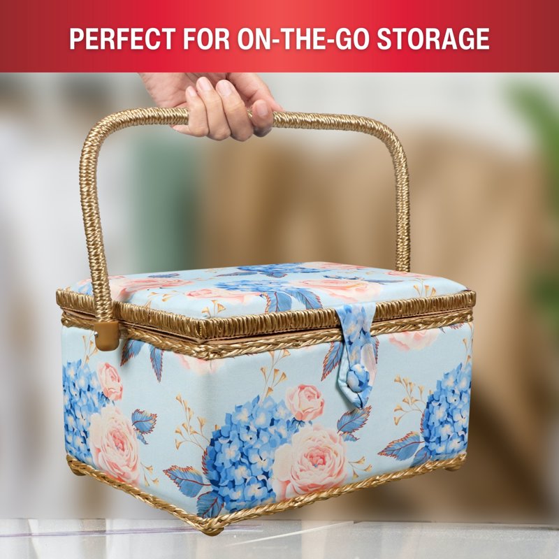 Large Sewing Basket with Hydrangeas Floral Print and Zipper Pouch - Travel Storage Organizer