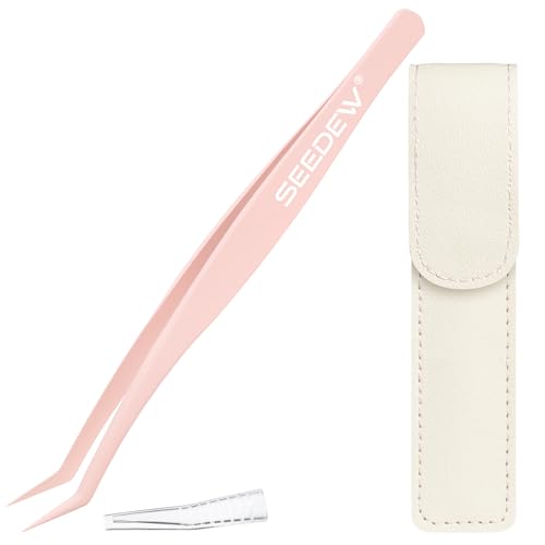 Tweezer P02 for DIY Lashes, Lash Application Tool, 1 PC Pointy Nano Coating Non-Stick Stainless Steel Curved Tweezer with a Protective Case, for Self-Adhesive/Pop-On Eyelash Extensions(Pink)