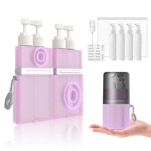 4 in 1 Travel Dispenser Bottle, TSA Approved Refillable Shampoo and Conditioner Bottles Set with Suction Cup for Smooth Walls, Travel Size Toiletries Container for Body Wash/Lotion.(Pink)