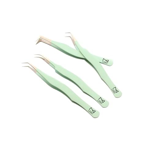 M LASH Eyelash Tweezers for Eyelash Extensions (Set of 4) - Professional Lash Extension Tweezers - Fiber Tip Lash Tweezers, Japanese Steel, Diamond Grip For Flawless Application (Green)
