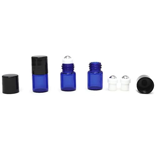 2ml COBALT BLUE Glass Vial/Bottle Micro Roller (144) w/Stainless Steel Roller Inserts and Flat Black Screw Caps - Pack of 144 each