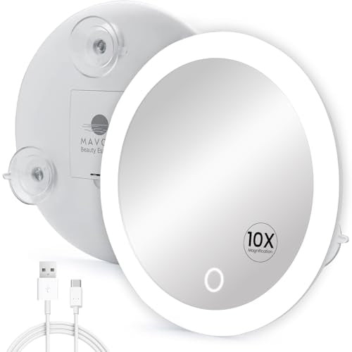 Mavoro 6.8" LED Magnifying Mirror with 3 Strong Suction Cups | 10X Magnification | Portable Lighted Travel Makeup & Cosmetic Mirror with Light (USB-C Rechargeable Built-in Battery |10X)