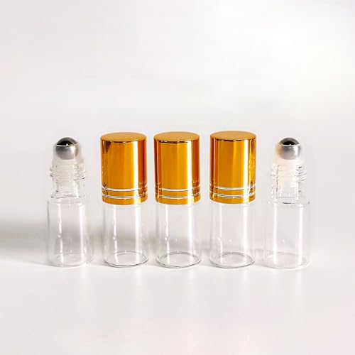 50 PCS Essential Oil Roller Bottles 3ml Clear Glass Roller Bottles with Stainless Steel Roller Ball,Gold Caps,for Travel Perfume-2 Funnels, 2 Dropper, 1 Opener(3ml)