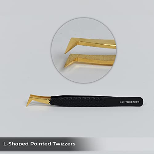 2pcs Black Straight and L-Shaped (Boot) Gold Pointed Eyelash Tweezers for Lash Extension - Stainless Steel Precision Tweezers for Volume and Classic Lashes - False Eyelash Extension Kit.