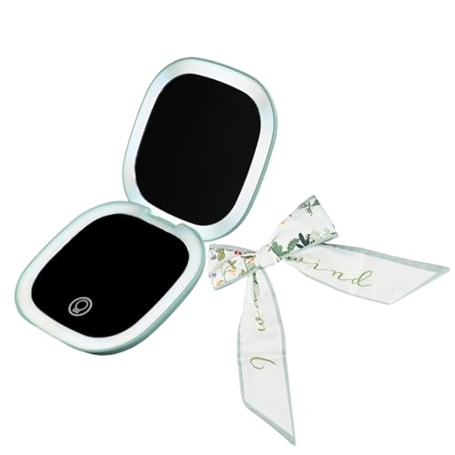 Makeup Mirror with Lights - Dual-Sided Green LED Pocket Mirror, 1X/5X Magnifying Travel Mirror, 3 Light Modes, Rechargeable Handheld Mirror for On-The-Go Makeup, Grooming, and Gifts