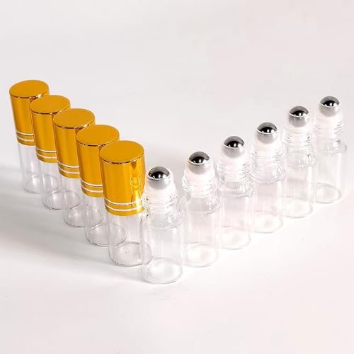 50 PCS Essential Oil Roller Bottles 3ml Clear Glass Roller Bottles with Stainless Steel Roller Ball,Gold Caps,for Travel Perfume-2 Funnels, 2 Dropper, 1 Opener(3ml)