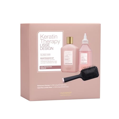 Alfaparf Milano Keratin Therapy Lisse Design Glass Lamination Hair Set - Keratin Shampoo and Liquid Glass Lamellar Water - Instant Lamination at Home - Adds Shine and Softness