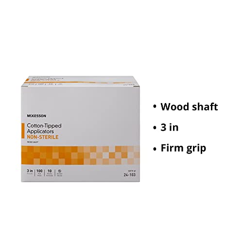 McKesson Cotton-Tipped Applicator Swabstick, Non-Sterile, Wood Shaft, 3 in, 100 Count, 10 Packs, 1000 Total