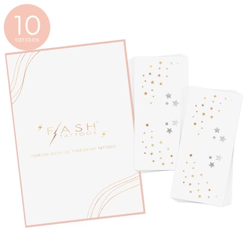 STARRY FRECKLES Set of 10 Premium Waterproof Metallic Foil Temporary Flash Tattoos - Party Favors, Temporary Tattoos, Freckles, Star Tattoos, Face Jewels