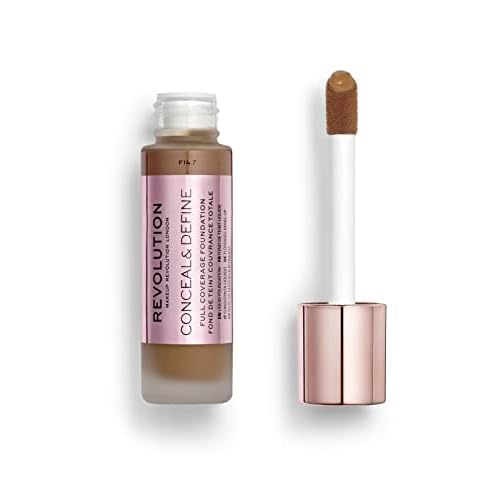 Makeup Revolution Conceal and Define Foundation, Full Coverage & Matte Finish, F14.7 for Dark Skin Tones, Vegan & Cruelty-Free, 0.7 Fl Oz