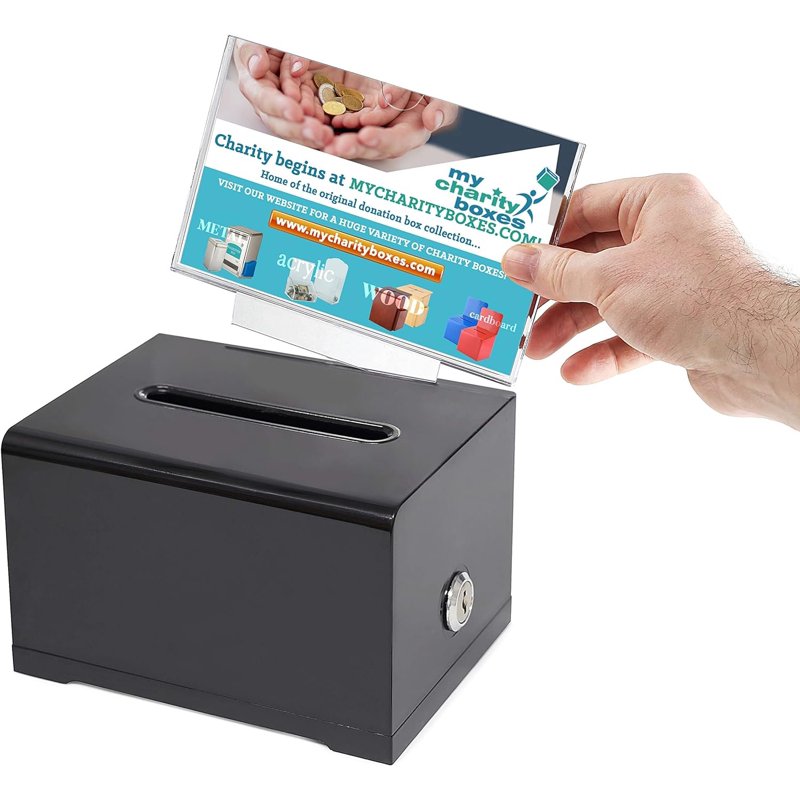 Donation Collection Box with Lock and Keys - Black Acrylic Ballot Box, 6.25 x 4.75 inches