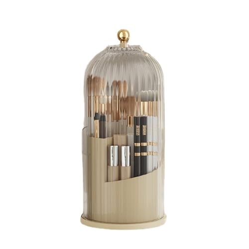 Rotating Makeup Brush Holder with Clear Lid ? 360¡Æ Makeup Brush Organizer for All Brush Sizes, Durable Dustproof Storage Stand with Large Capacity, Easy to Clean, No Assembly (Milk yellow/transparent)
