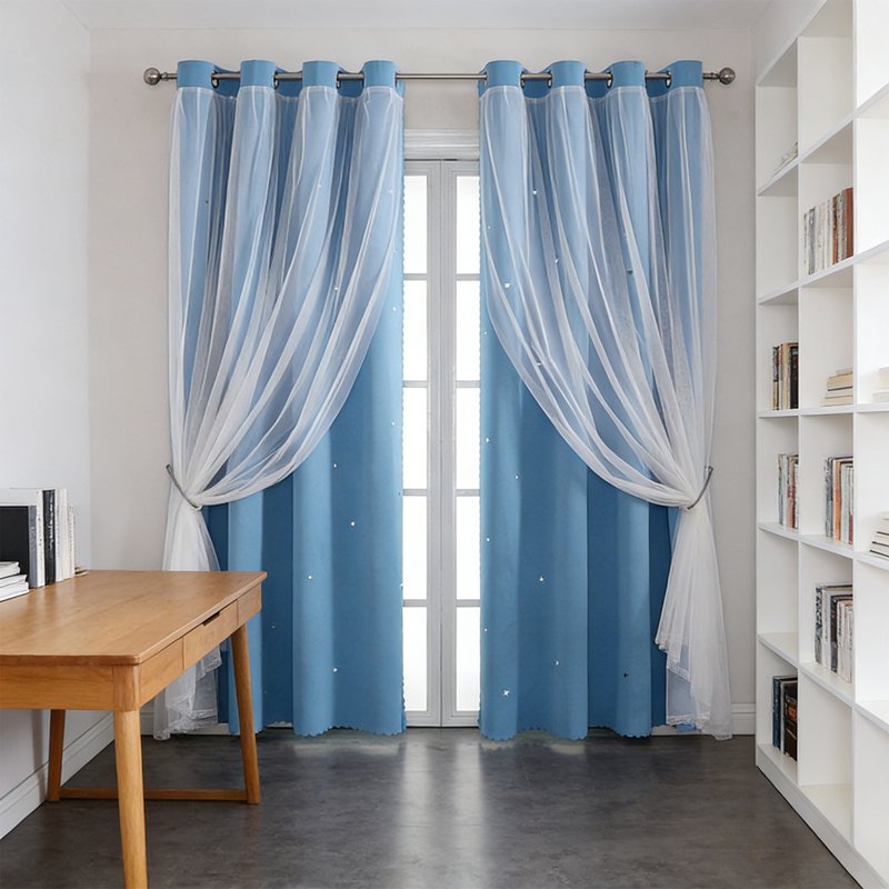 Double Layer Star Pattern Blackout Curtains with Sheer Lace Overlay - Insulated Window Treatments