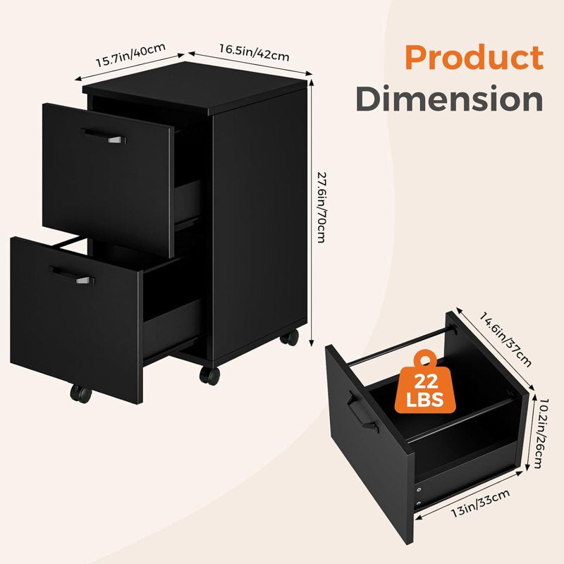 2-Drawer Mobile File Cabinet with Lockable Wheels, Space Saver for Office or Home