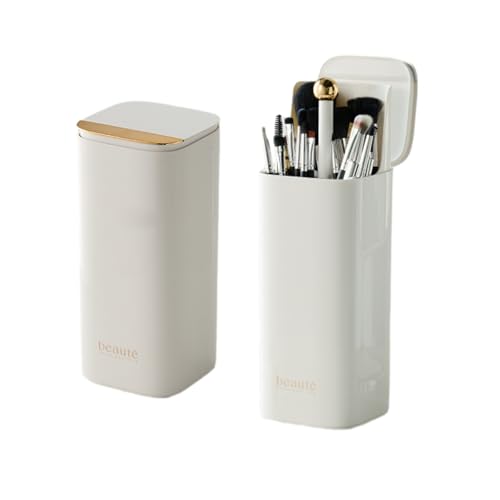 Makeup Brush Holder with Lid, Automatic Lifting Waterproof Dustproof Makeup Brushes Organizer for Vanity Desktop Bathroom Countertop(White)