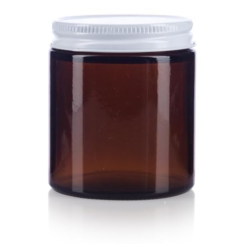(6 pack) 4 oz / 120 ml Amber Thick Glass Jar with White Metal Airtight Lid