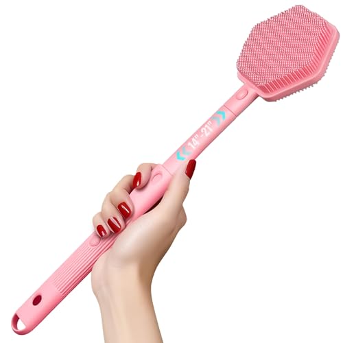 Silicone Back Scrubber for Shower ? 21in Extendable Shower Brush with Long Handle ? Dual-Sided Back Brush with Non-Slip Grip, Gentle Cleansing & Exfoliation for Men, Women, Elderly (Pink)