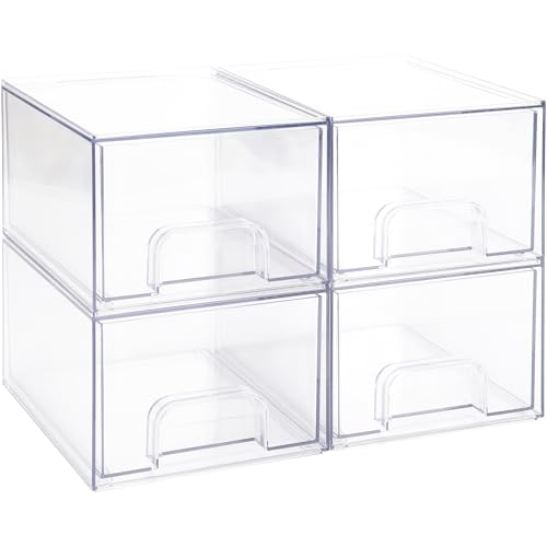 Sea Team 4-Pack Clear Makeup Organizer with Drawers, Acrylic Plastic Cosmetic Display Case, Jewelry Storage Box, Holder for Dresser, Bathroom, Vanity, Kitchen Cabinets, Pantry, Countertop
