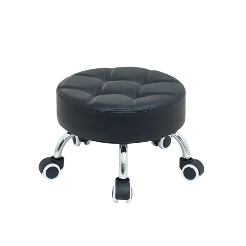 Low Height Rolling Stool with Wheels - Heavy Duty 360¡Æ Swivel Low Stool Chair with Thickened Cushion Round Roller Seat Stools for Garage Shop Kitchen Home Office Salon Pedicure (Black)