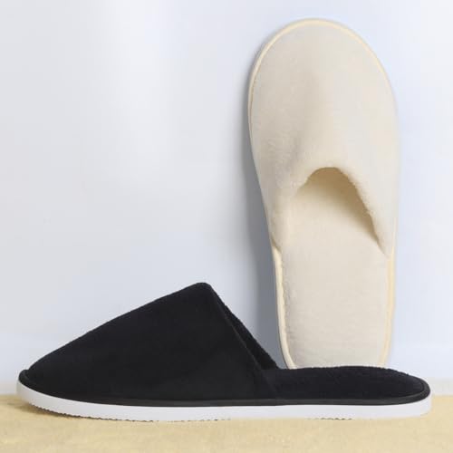 Yeios 12 Pairs Disposable Slippers for Guests Hotel Spa Slippers,0.78inch Sole 180GSM Coral Fleece Non-slip Washable House Slipper Bulk for Adult for Men and Women Beige and Black