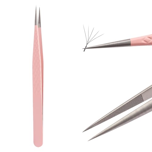 Lash Tweezers For Eyelash Extensions Fiber Tip Lash Tweezers Pink Straight/Curved Tweezer(Pink,X05)