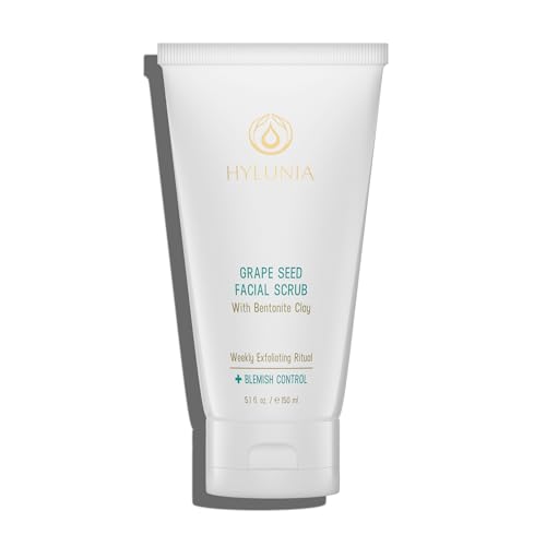 Hylunia Skincare Grape Seed Facial Scrub ? Gentle Exfoliating Face Scrub with Ground Grape Seed, Bentonite Clay, and Alpha Hydroxy Acid for smooth, glowing skin and refined pores, 5.1oz ?
